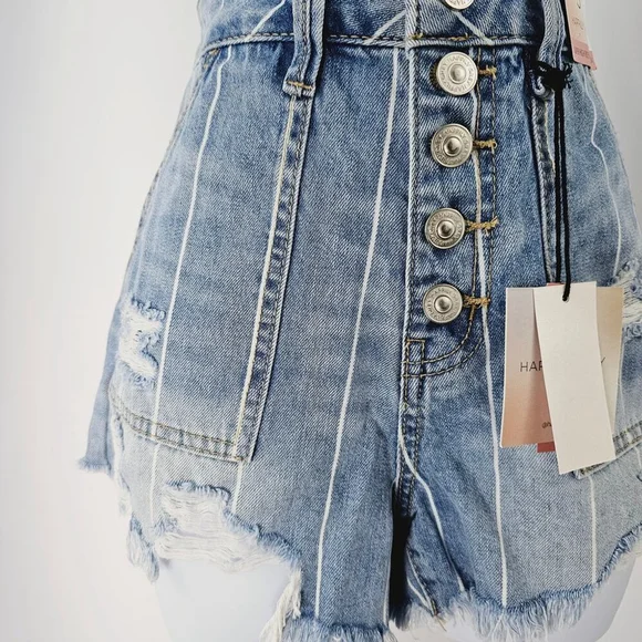 Happily Grey Super High Rise Distressed Striped Denim Shorts Size 1/25 NWT - Picture 2 of 14